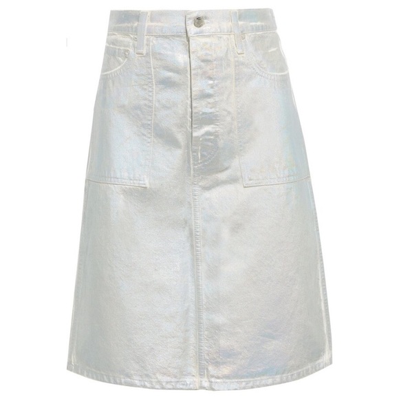 HELMUT LANG Iridescent Coated-denim High Waist Tailored Hip Silver Skirt - Picture 4 of 11